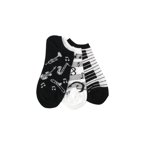 Three Musical Pack (1 Piano, 1 Instrument, 1 Music Note) Footie Socks in Black and White