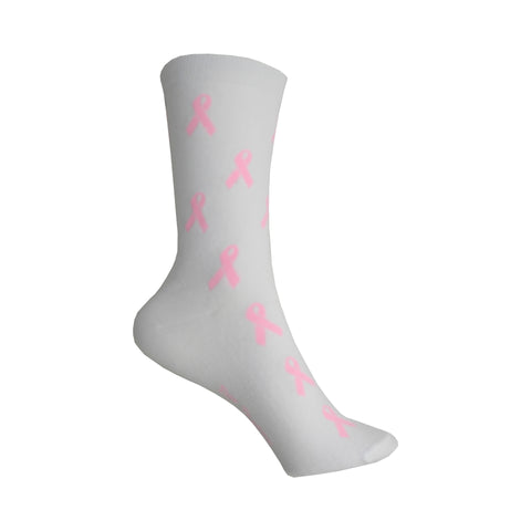 Pink Ribbons Crew Socks in White