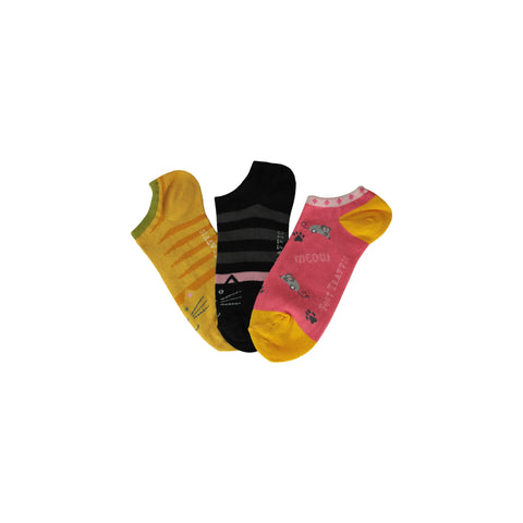 Three Pack Kitty Footie Socks in Black, Yellow, and Pink