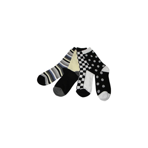 Pack of Four Individual Mismatched Crew Socks in Black, White, and Shades of Gray