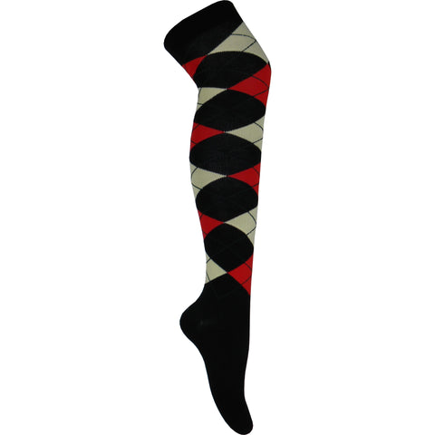 Argyle Over The Knee Socks in Red, Black, and White