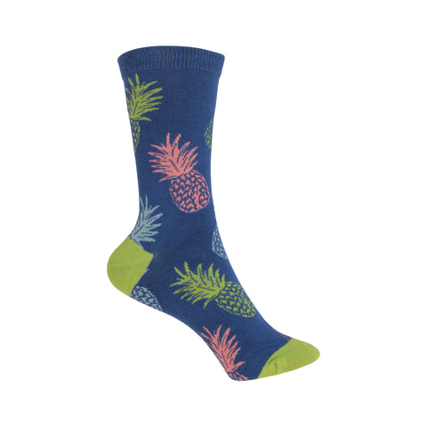 Bamboo Pineapple Print Crew Socks in Blue