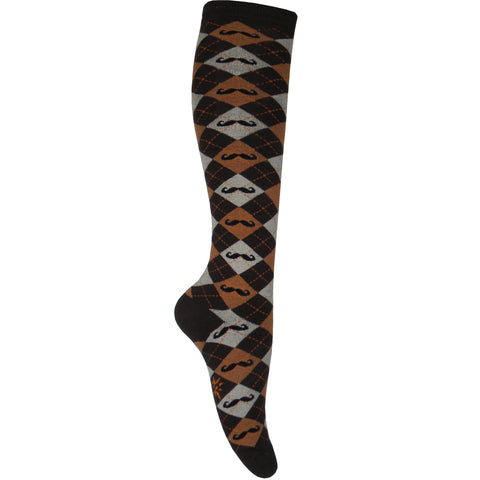 Argyle Mustache Knee High Socks in Brown