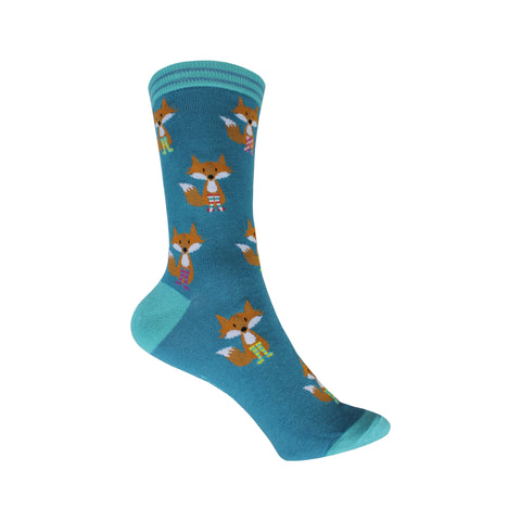 Fox in Socks Crew Socks in Blue-Green