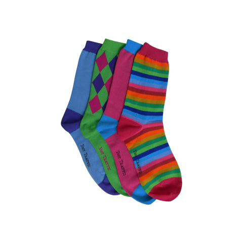 Pack of Four Individual Mismatched Crew Socks in Green, Blue, Pink, and Rainbow