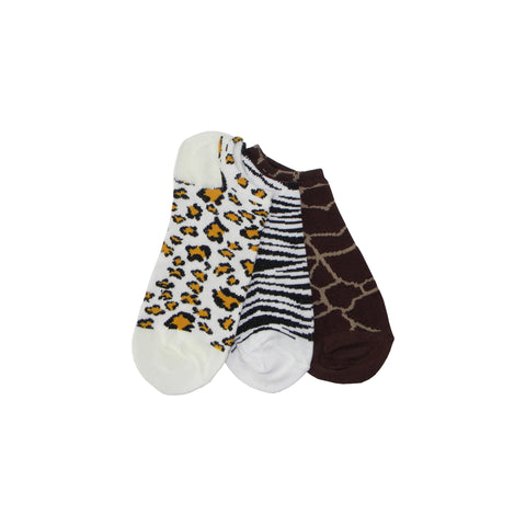 Three Pack Animal Footie Socks in Giraffe Print, Zebra Print, and Leopard Print