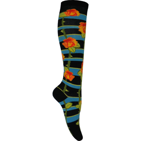 Climbing Roses Knee High Socks in Black and Blue