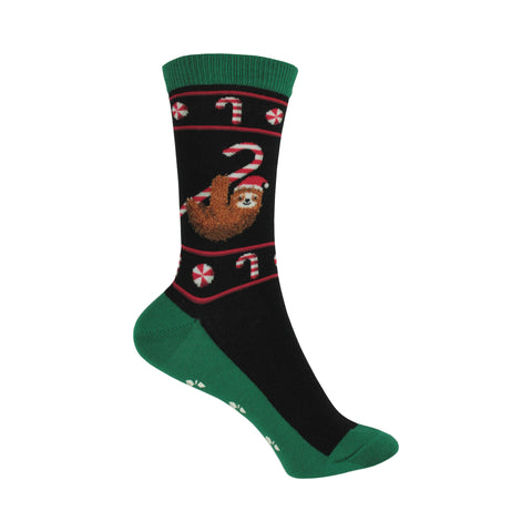Non Skid Christmas Sloth Crew Socks in Black