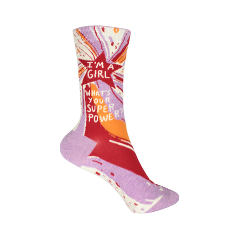 Superpower Crew Socks in Red, Purple, and Orange