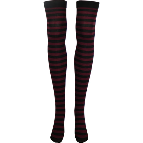 Stripe Opaque Thigh High Socks in Black and Burgundy