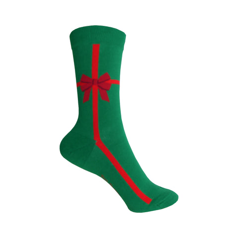 Christmas Present Crew Socks in Green with a Red Ribbon