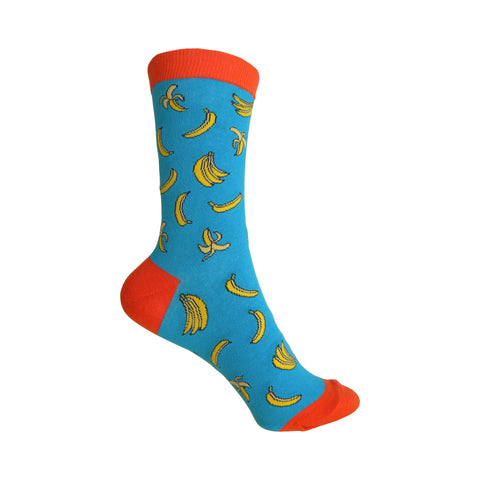 All Over Bananas Crew Socks in Deep Tropical Turquoise and Orange