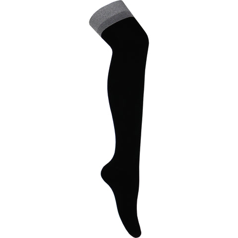 Silver Lurex Cuff Over The Knee Socks in Black