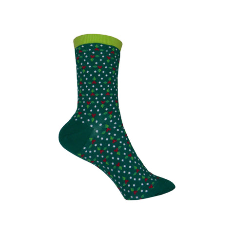 Holly Berries and Dots Crew Socks in Pine