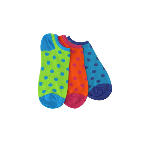 Three Pack Polka Dot Footie Socks in Turquoise, Lime, and Orange