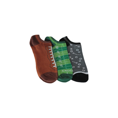 Three Pack Football Ankle Socks in Brown, Gray, and Green